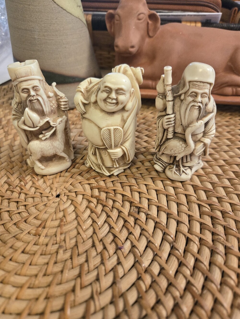 Carved Bovine Bone Asian Deity Figurines - Hotei, Shou, Jurojin Set of 3